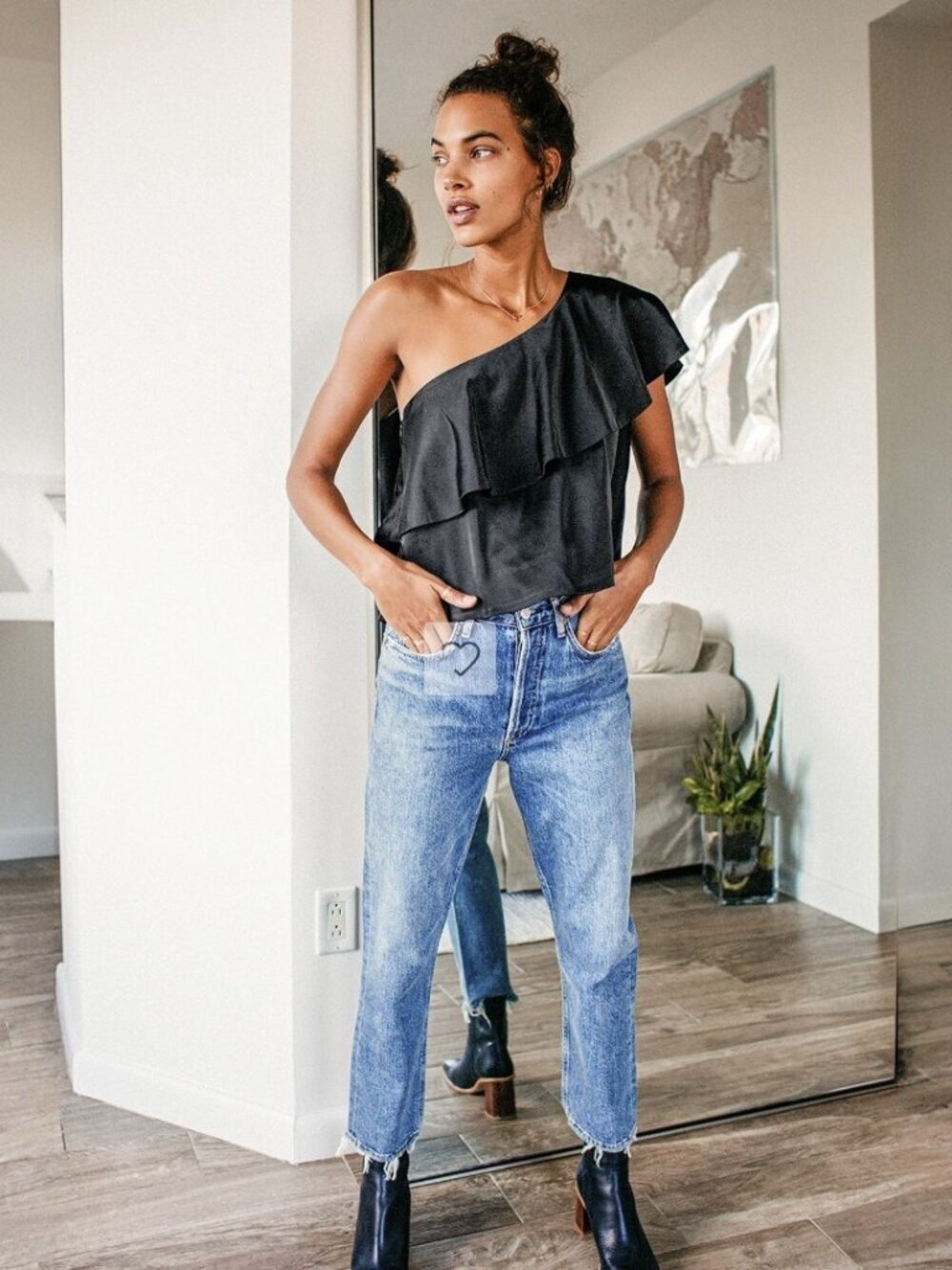 Lulus Defining Style Black Satin Ruffled One-Shoulder Top NWT